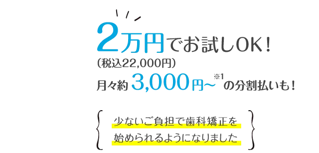 2万円(税込22,000円)で気軽に試せて、総額の目安も10〜30万円(税別)。従来より約30~80万円も安く歯科矯正ができるようになりました。