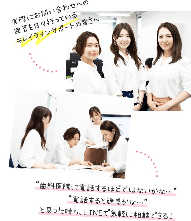上）実際にお問い合わせへの回答を日々行っているキレイラインサポートの皆さん／“歯科医院に電話するほどではないかな…”“電話すると迷惑かな…”と思った時も、LINEで気軽に相談できる！