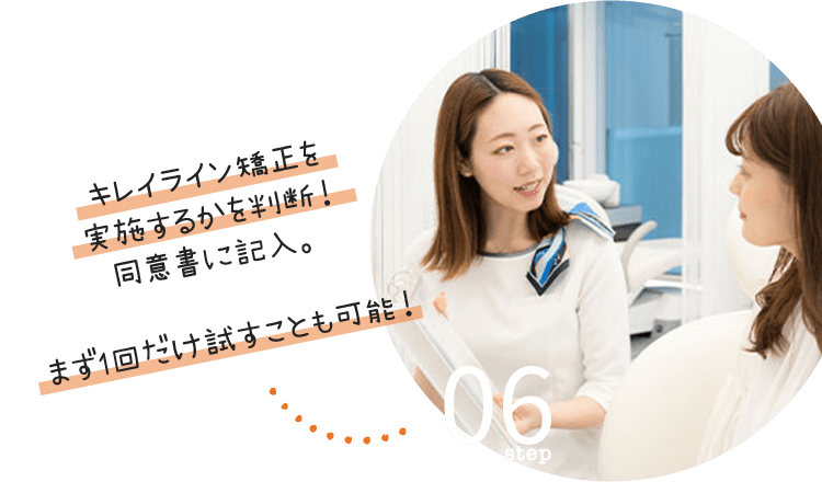 step06:キレイライン矯正を実施するかを判断！同意書に記入。まず1回だけ試すことも可能！