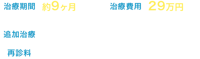 治療期間：約9ヶ月 治療費用：29万円（7回実施）（税込319,000円） 追加治療：なし 再診料：5回 15,000円（税込16,500円）
