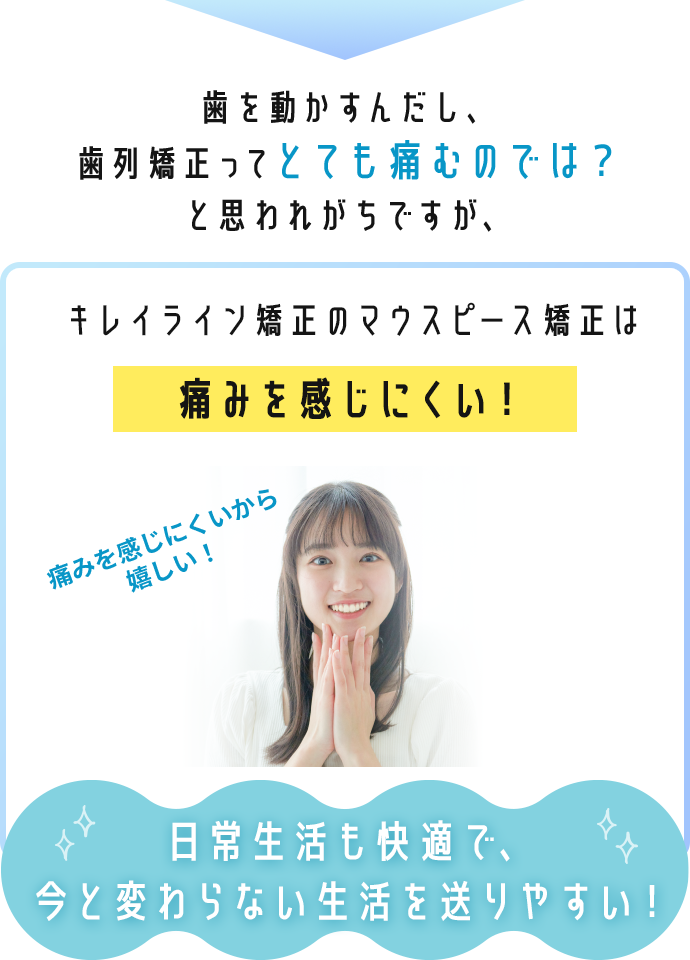歯を動かすんだし、歯列矯正ってとても痛むのでは？と思われがちですが、キレイライン矯正のマウスピース矯正は痛みを感じにくい！