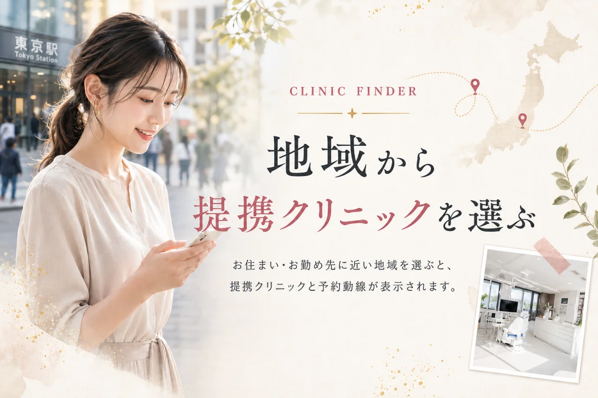 地域から提携クリニックを選ぶ。お住まい・お勤め先に近い地域を選ぶと、提携クリニックと予約動線が表示されます。