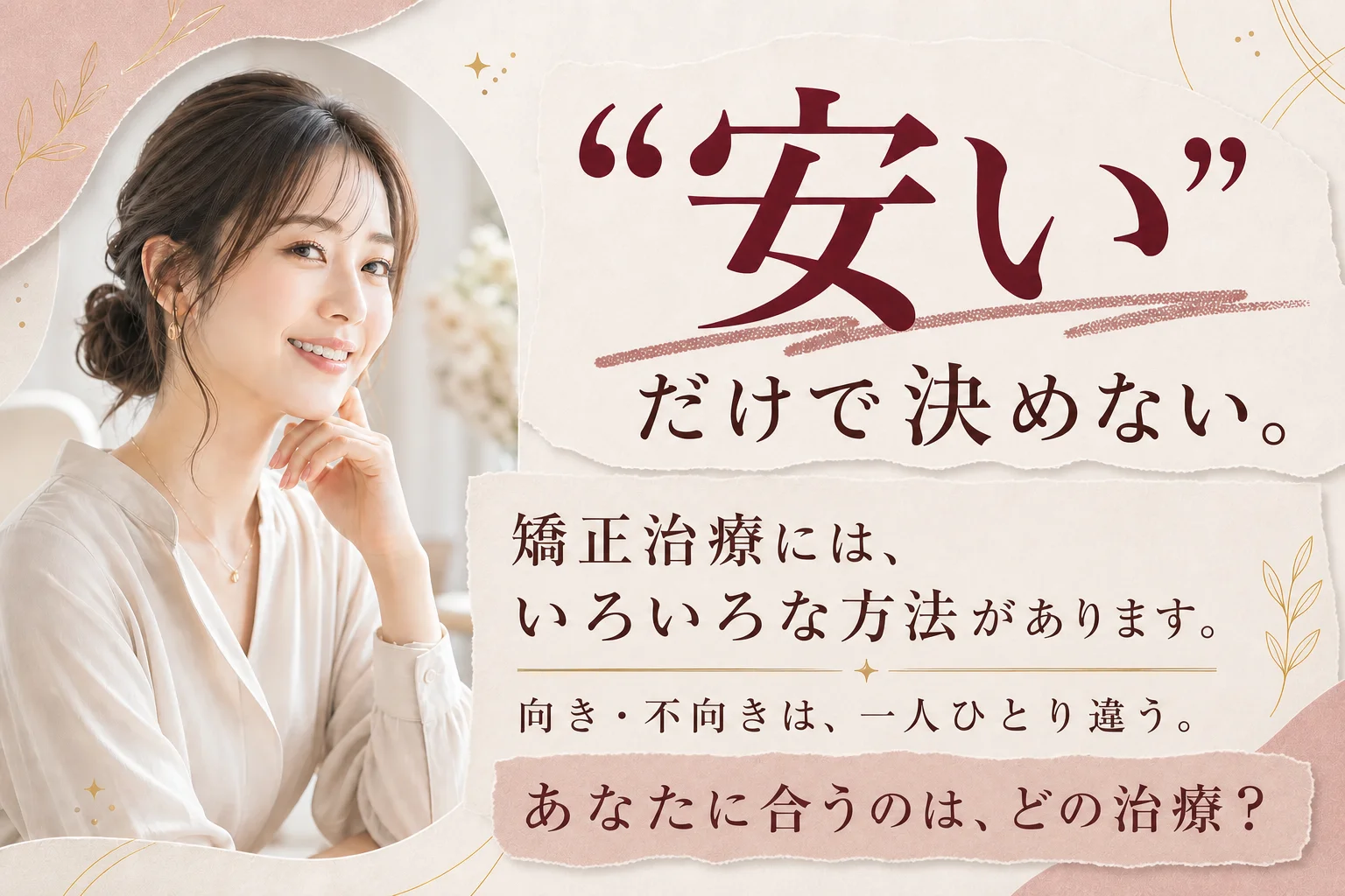 「“安い”だけで決めない」矯正治療には複数の方法があり、向き不向きは一人ひとり違うと伝えるバナー
