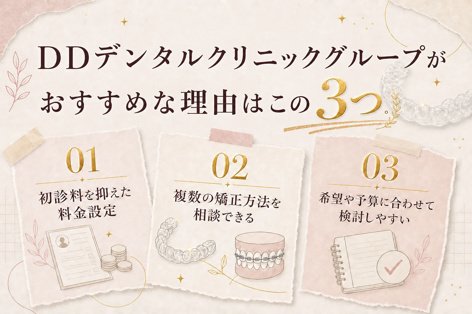 DDデンタルクリニックグループがおすすめな3つの理由（初診料を抑えた料金設定・複数の矯正方法を相談できる・希望や予算に合わせて検討しやすい）