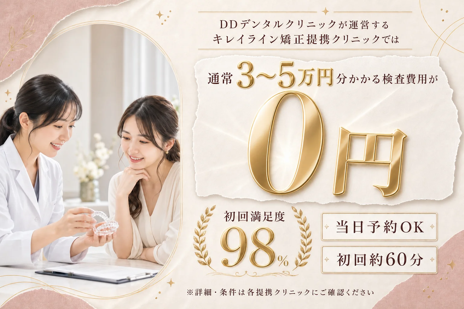 DDデンタルクリニックが運営するキレイライン矯正提携クリニックでは、通常3~5万円かかる検査費用が無料!