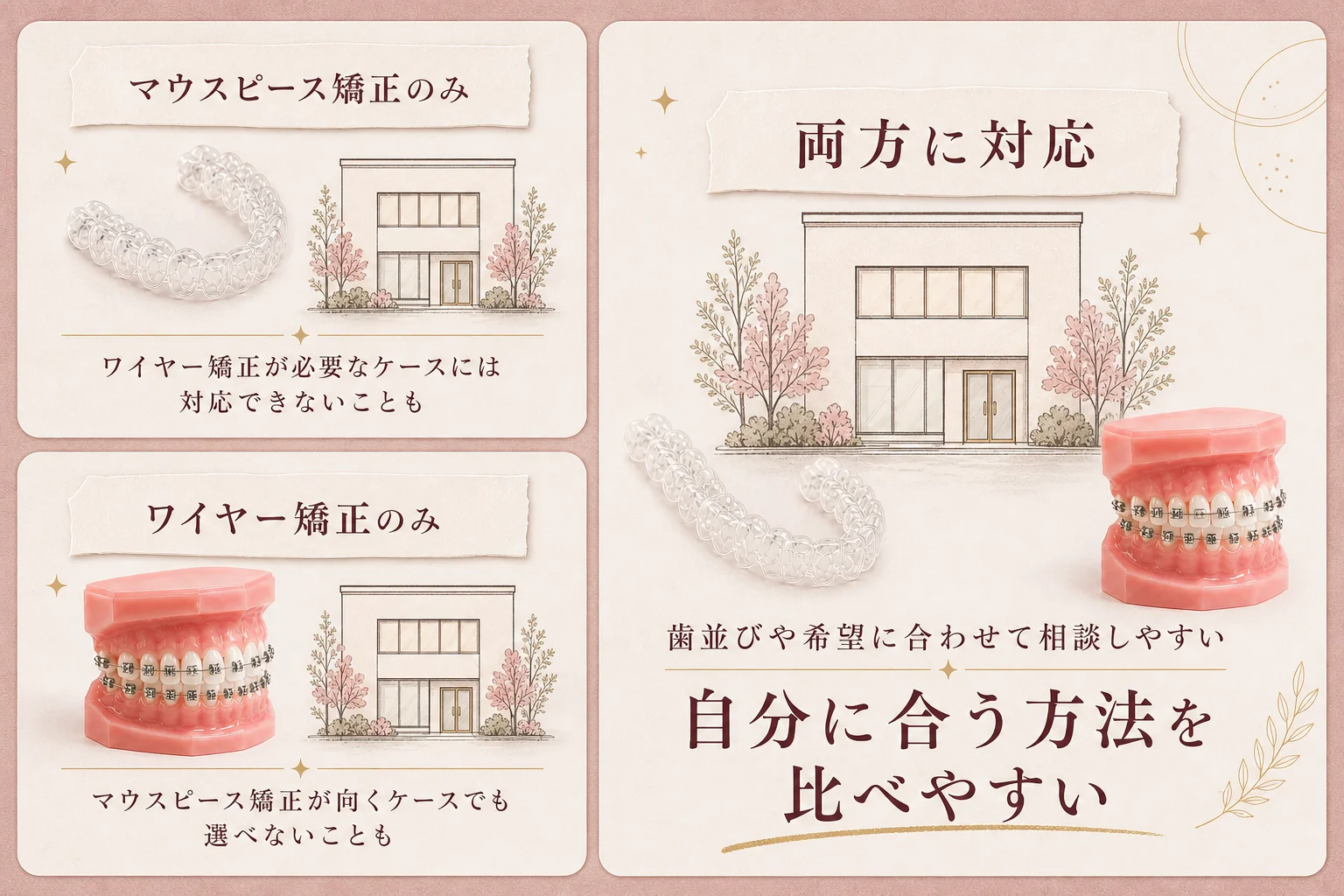 マウスピース矯正のみ・ワイヤー矯正のみ・両方対応のクリニックを比較し、両方対応なら自分に合う方法を選びやすいと示す図