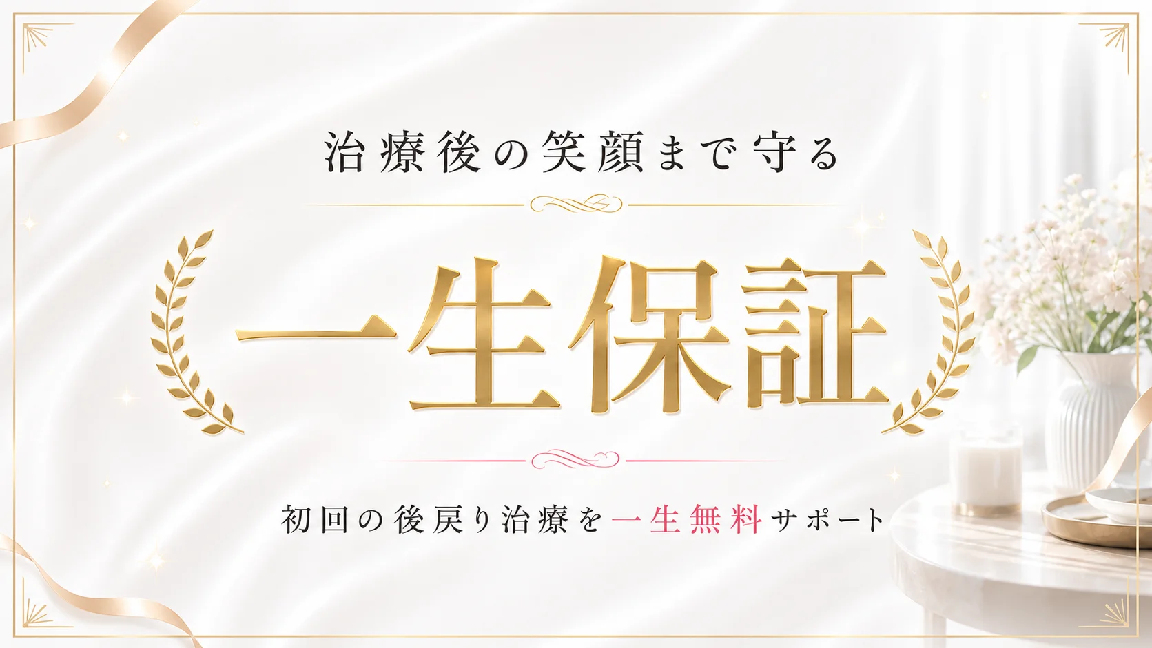 治療後の笑顔まで守る一生保証。初回の後戻り治療を一生無料サポート。