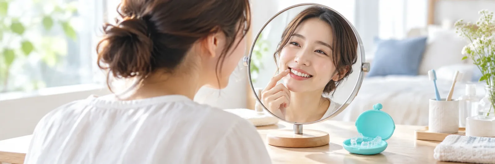 鏡の前でマウスピースのケースを置いて身じたくをする女性