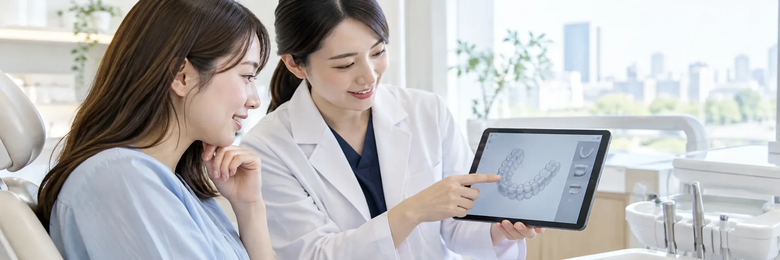 歯科医師がタブレットで歯並びのシミュレーションを見せているところ