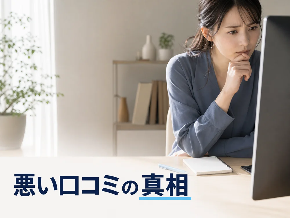 パソコン画面を見て悩む女性と「悪い口コミの真相」の見出し画像