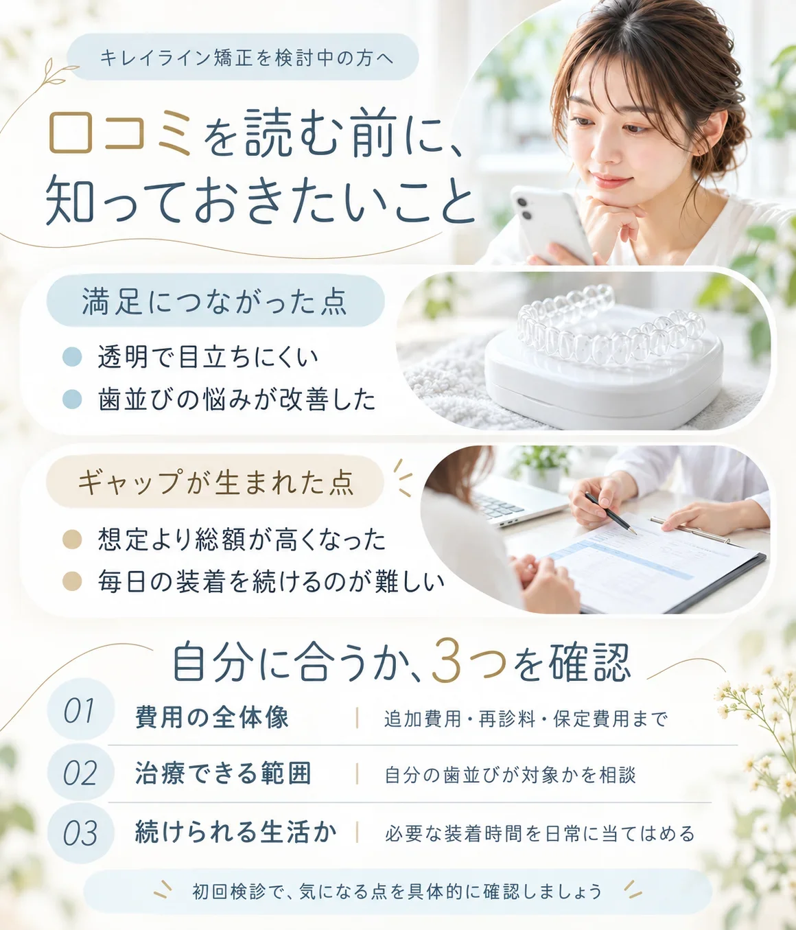 口コミを読む前に知っておきたいこと。満足につながった点は「透明で目立ちにくい」「歯並びの悩みが改善した」、ギャップが生まれた点は「想定より総額が高くなった」「毎日の装着を続けるのが難しい」。自分に合うかは、費用の全体像（追加費用・再診料・保定費用まで）、治療できる範囲（自分の歯並びが対象かを相談）、続けられる生活か（必要な装着時間を日常に当てはめる）の3つを確認し、初回検診で気になる点を具体的に確認しましょう。