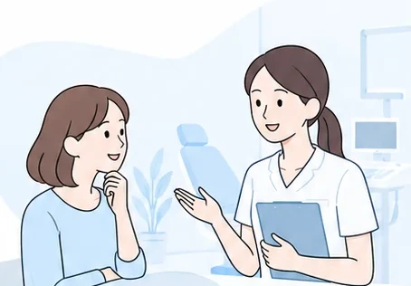 患者と歯科スタッフが相談しているイラスト（口コミボードの見出し）