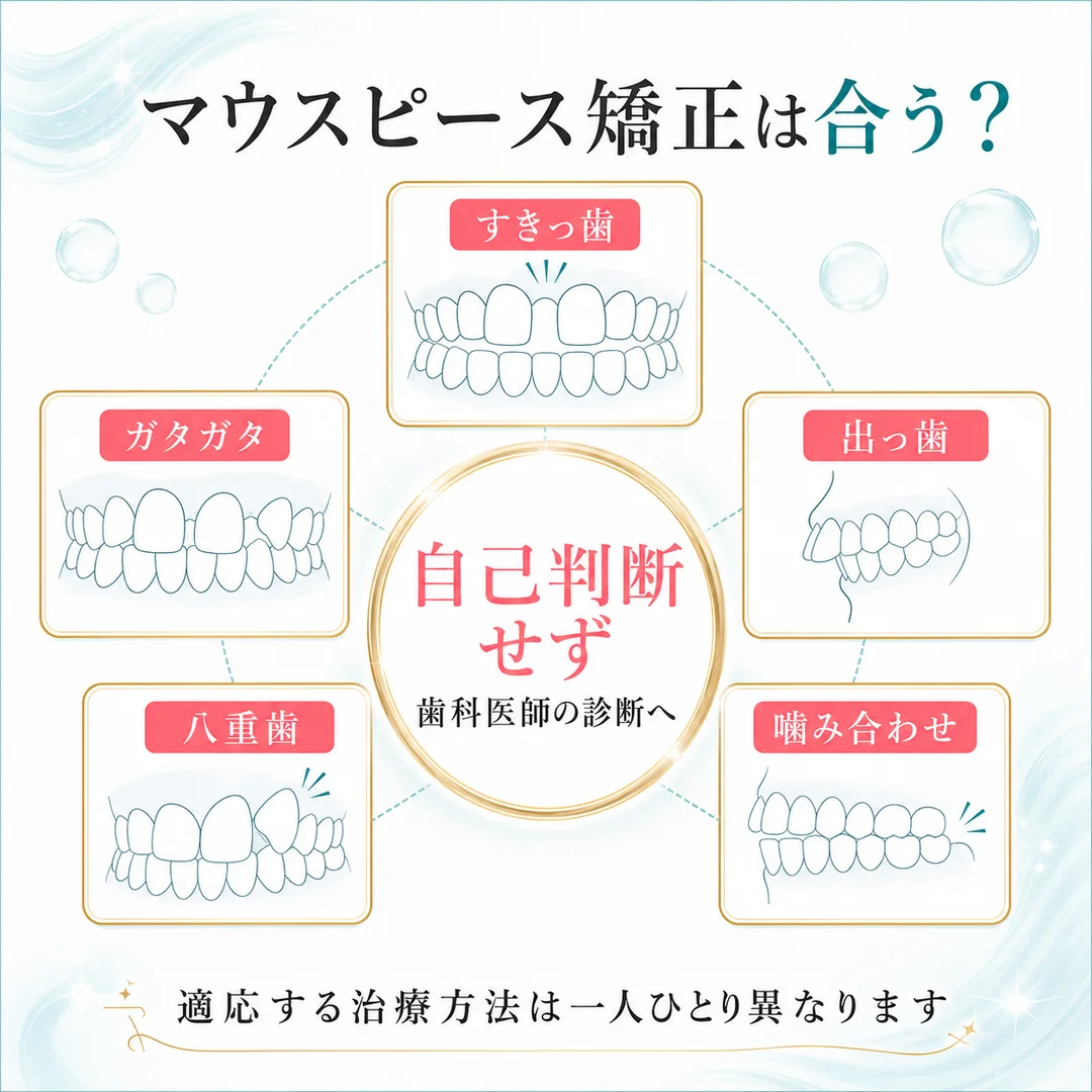 すきっ歯やガタガタなど歯並びの悩みと診断の必要性を示す図解
