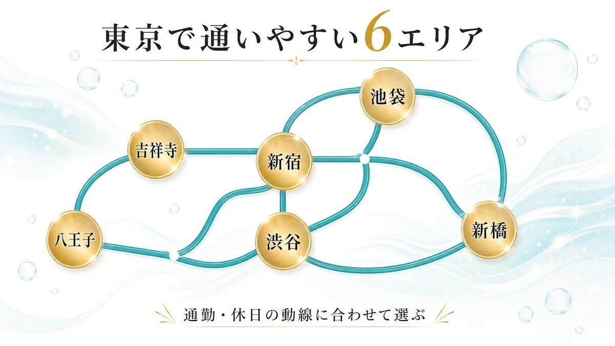 渋谷・新宿・池袋・新橋・吉祥寺・八王子の位置関係を示す路線イメージ