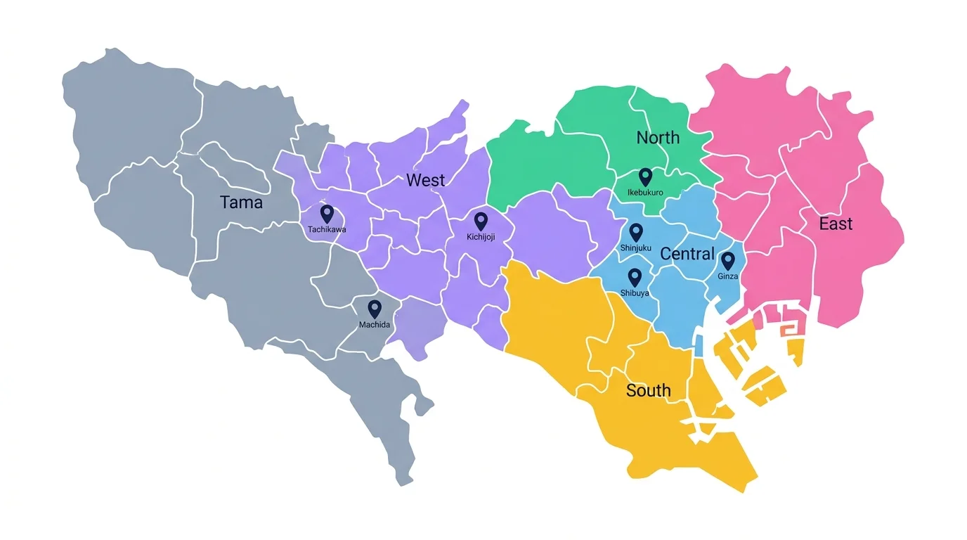 東京都23区＋多摩を6エリアに色分けしたマップ